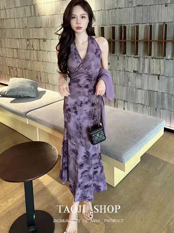 依依大码女装紫色真两件套连衣裙纯欲显瘦小妈风性感连衣裙