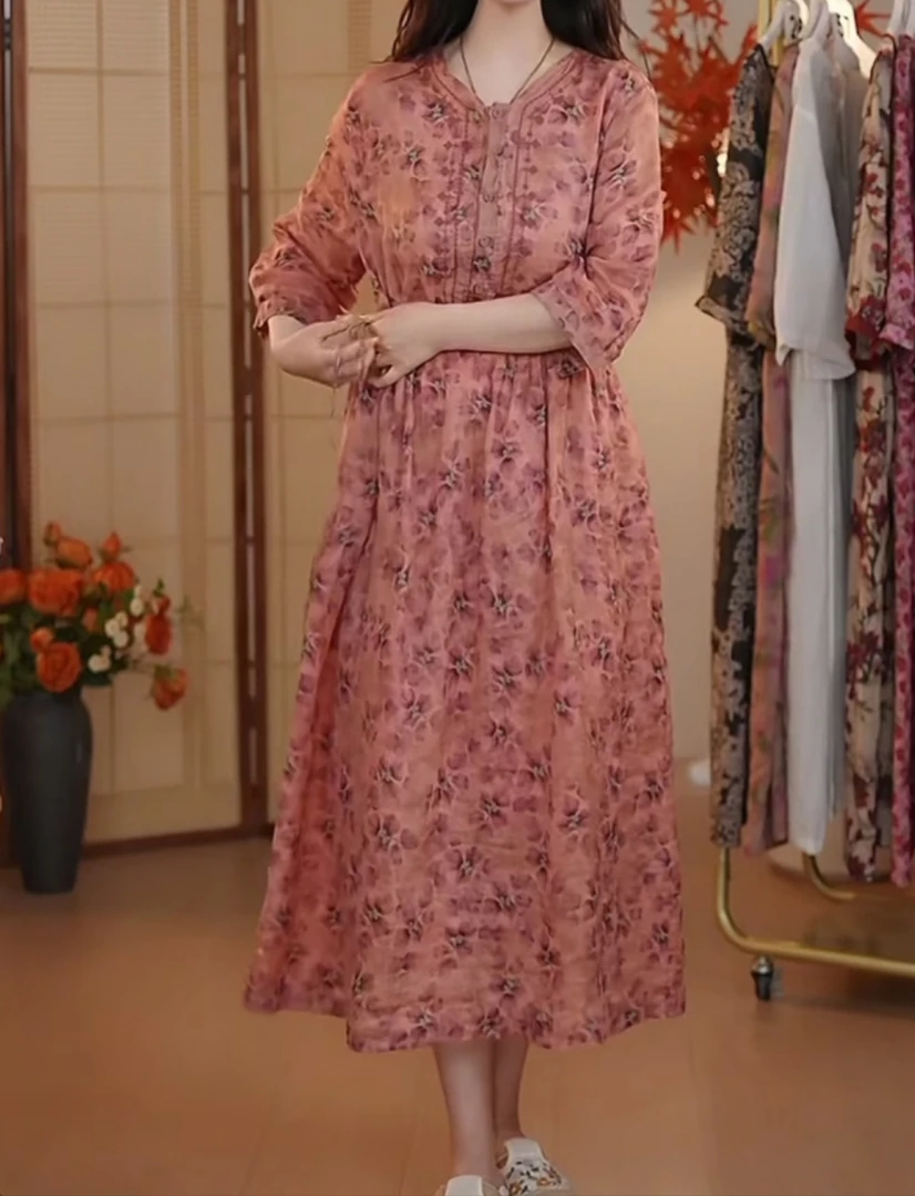 【情书梅】2025新品100%纯苎麻洋气复古刺绣气质显瘦宽松连衣裙