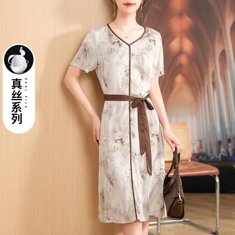 妈妈夏装时尚V领真丝连衣裙女中老年气质收腰显瘦桑蚕丝短袖裙子