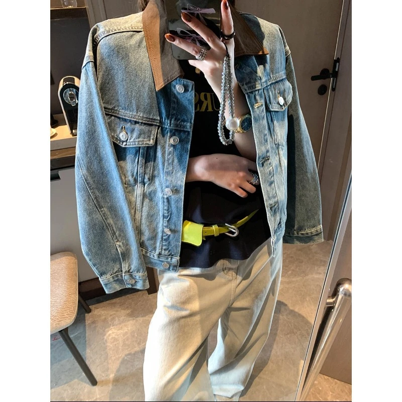 摩且早春新款腔调感重工洗水工艺撞色拼接翻领牛仔外套MQ1078