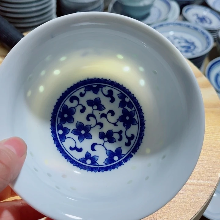 青花玲珑5寸饭碗紫荆花无花