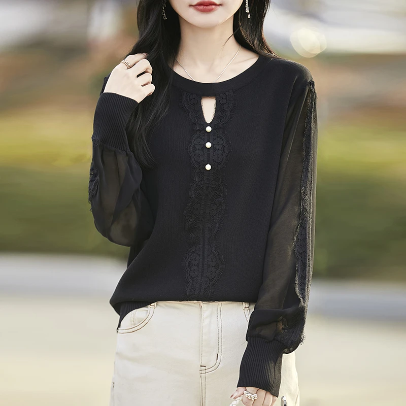 哥弟阿玛施正品新款纯桑蚕丝春秋提花钉珠蕾丝针织打底衫洋气毛衣