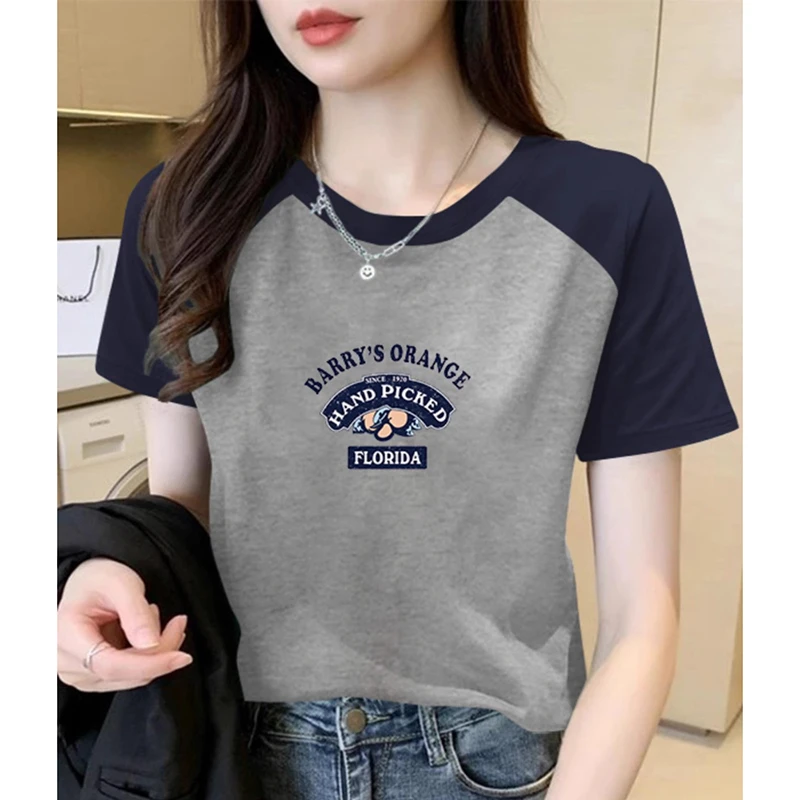 2025新款欧货纯棉蓝拼灰插肩短袖t恤女夏季宽松显瘦半袖上衣女士