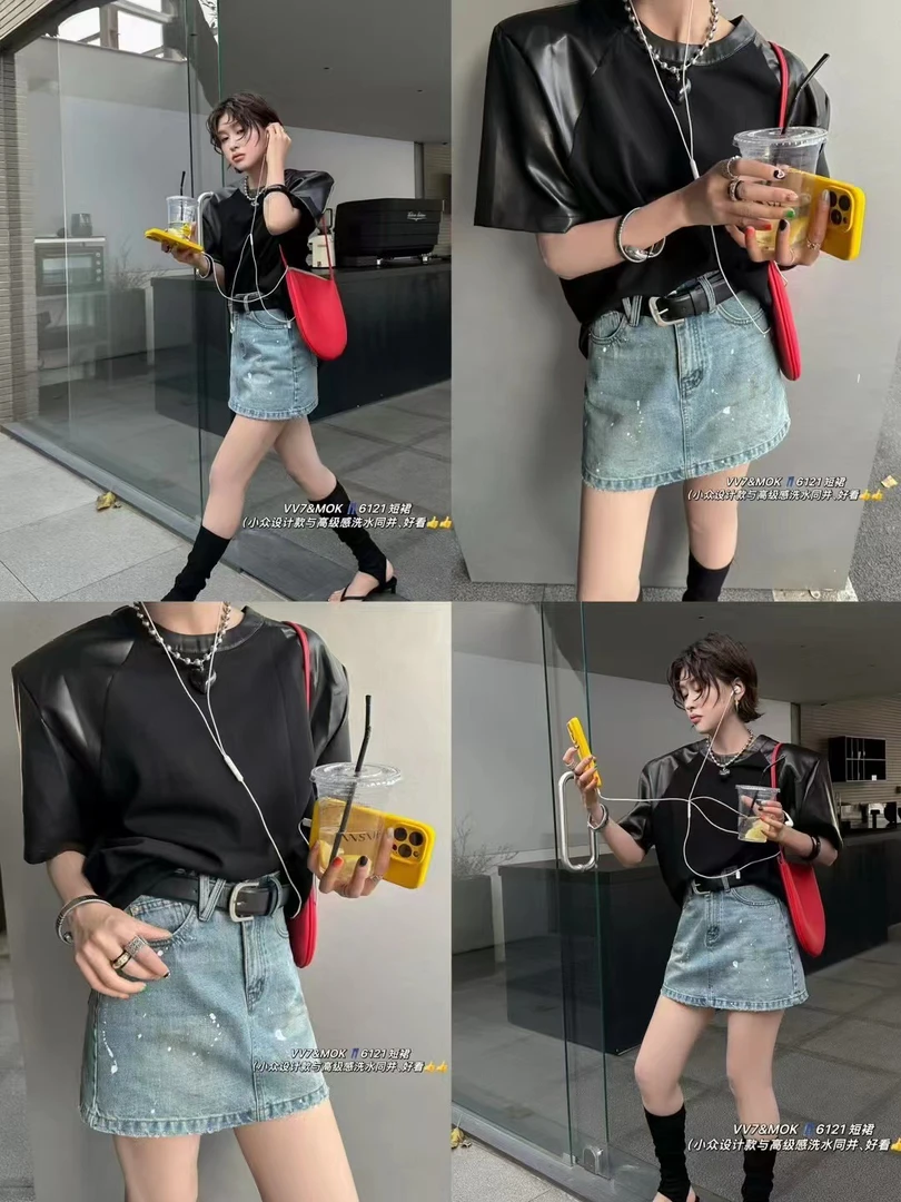 6121夏季新款烫钻高腰显瘦牛仔短裙（没有配皮带）