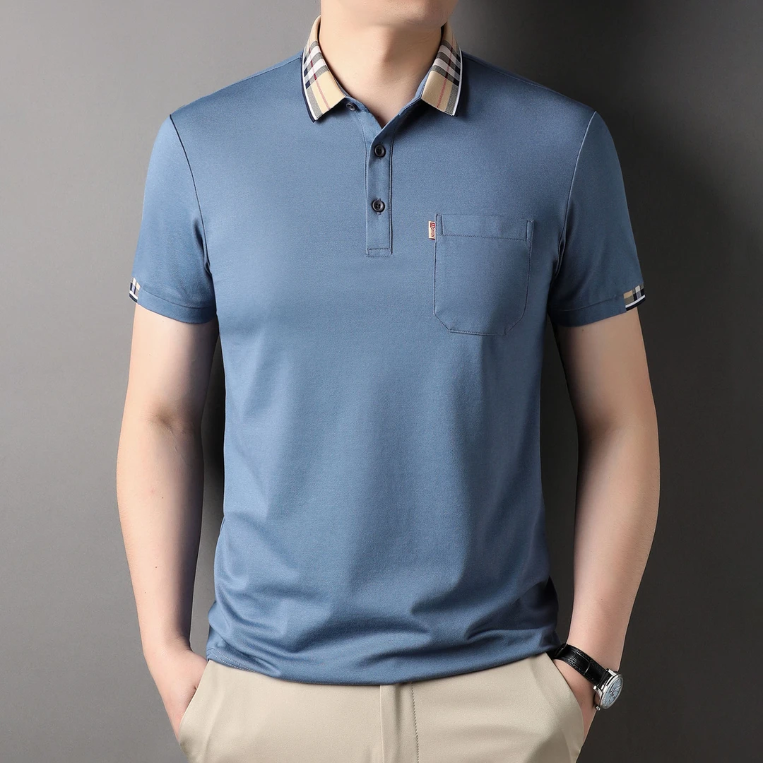 含桑蚕丝T恤男士冰丝短袖爸爸真口袋上衣中年男士商务格纹POLO衫