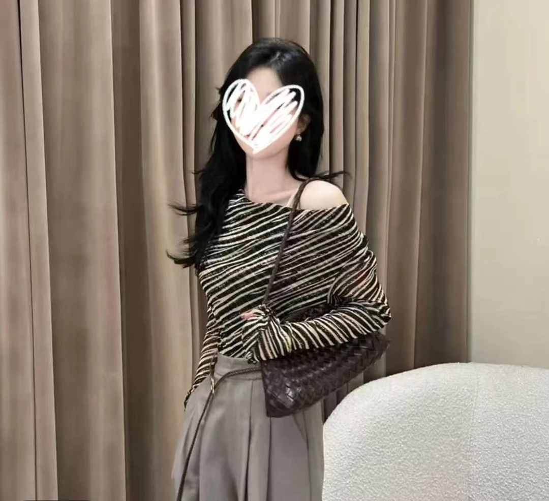 设计感斑马纹长袖T恤女2025秋季新款打底衫上衣