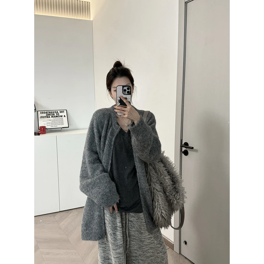 uuuxi【慵懒感毛衣拉链开衫】百搭复古秋冬慵懒风纯色宽松外穿针织