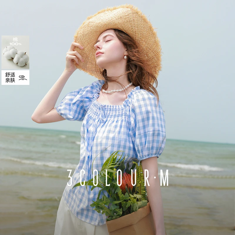 【100棉】三彩2025夏季新款格纹显瘦衬衣泡泡袖短袖上衣衬衫女M