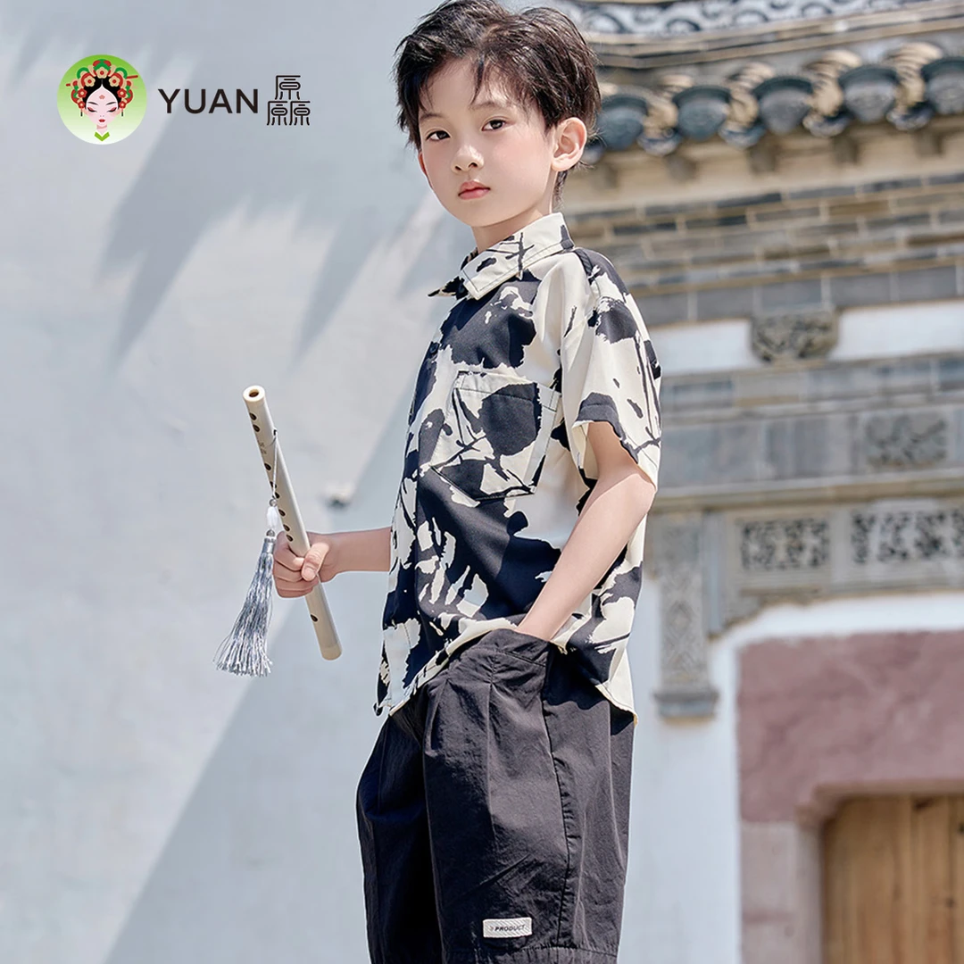 厵【墨染套装】男童汉服唐装新中式小男孩上衣短袖短裤中国风套装夏