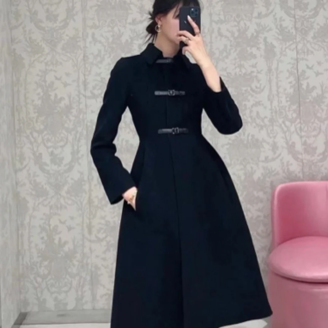 99新 DIOR/迪奥 赫本风双面绒皮质纽扣长款羊毛呢大衣/38码/33009