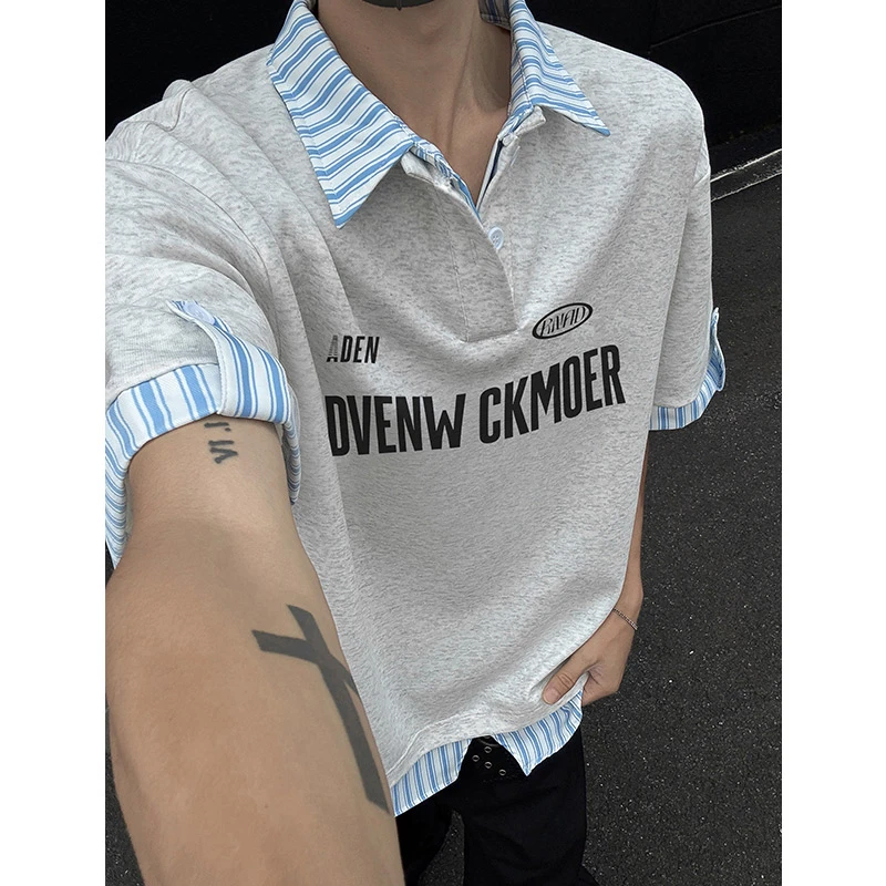 【富富】初秋polo衫短袖潮流薄款小众休闲假两件印花宽松拼接T922