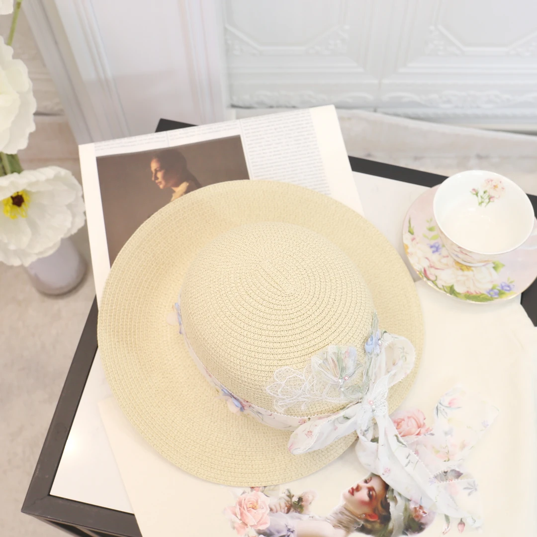 手工珠花帽夏季海边度假时尚蝴蝶结大帽檐遮阳帽沙滩草帽女