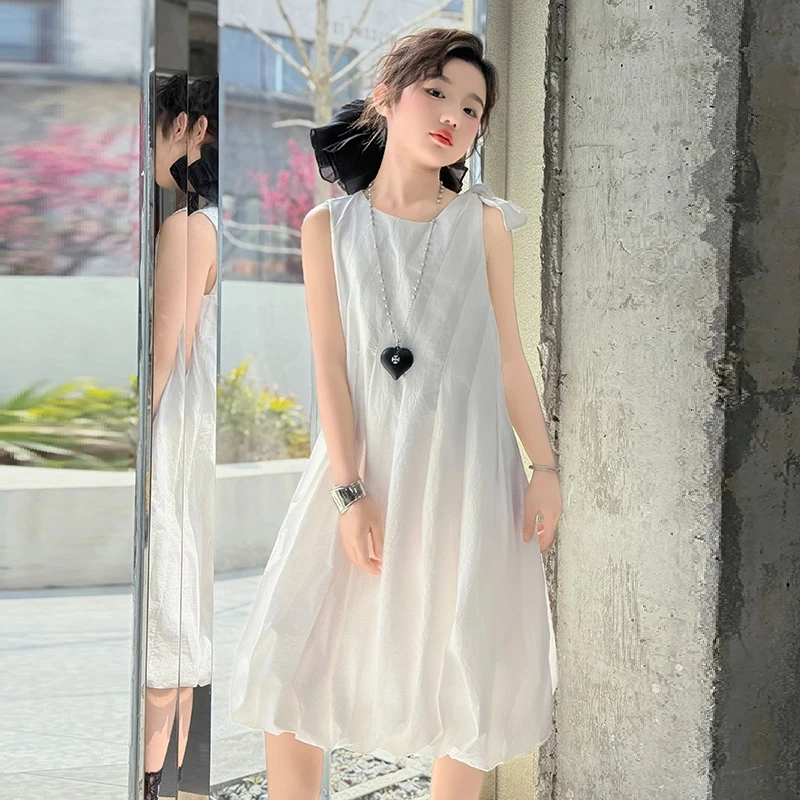 童装女童夏季甜美气质蝴蝶结连衣裙6-12岁15中大童女孩舒适连衣裙