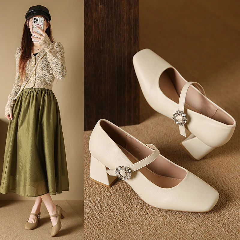 2025年仙女风夏季皮鞋法式单鞋浅口方头跟鞋高跟粗跟复古春季单鞋