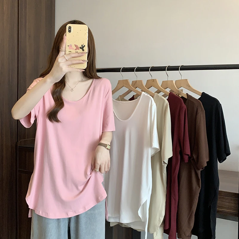 大码开叉u领正肩短袖女t恤夏胖mm显瘦宽松中长款上衣女遮屁股洋气