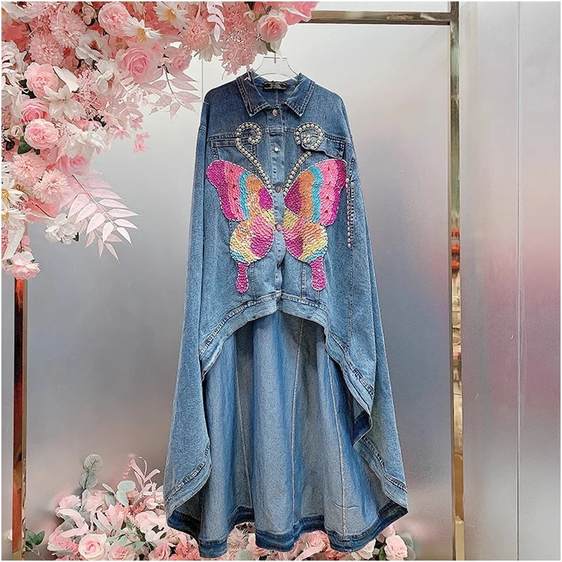 A1171欧美设计师2025早春新款重工刺绣亮片蝴蝶不规则衬衫连衣裙