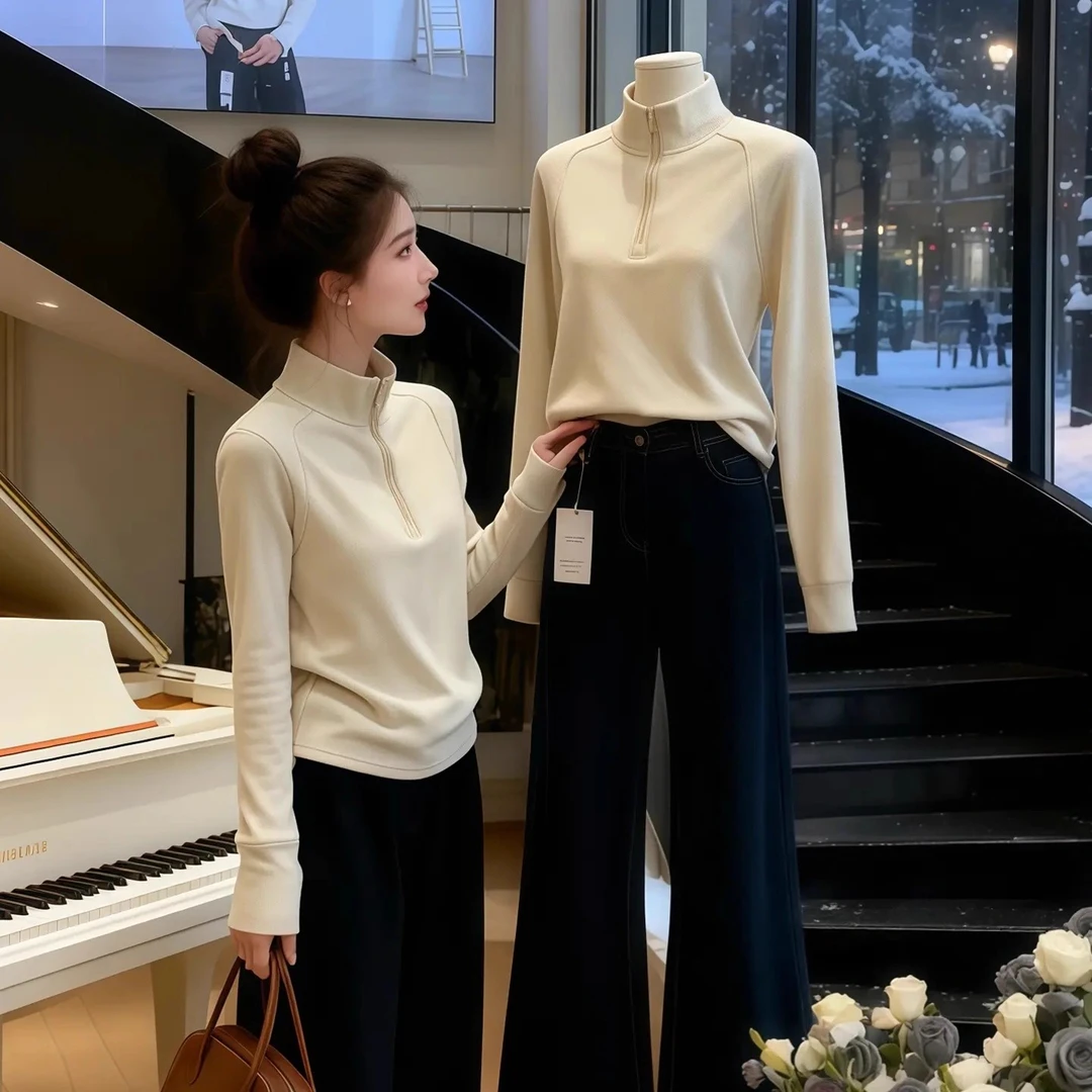 双面磨毛软糯德绒半拉链长袖T恤女2025秋冬季新款内搭打底衫上衣