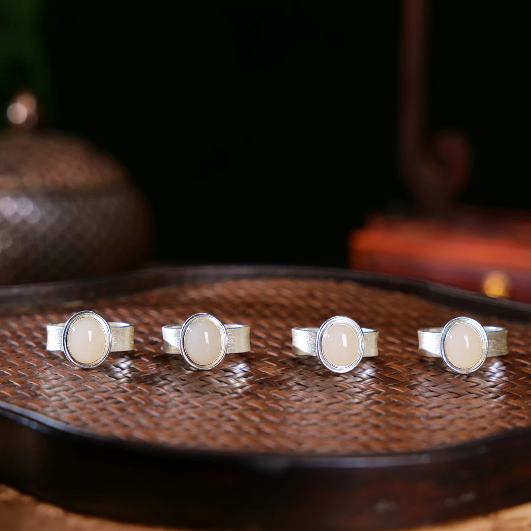 【小雨来了】925银镶嵌和田玉藕粉蛋面戒指 开口戒 多样性发一件