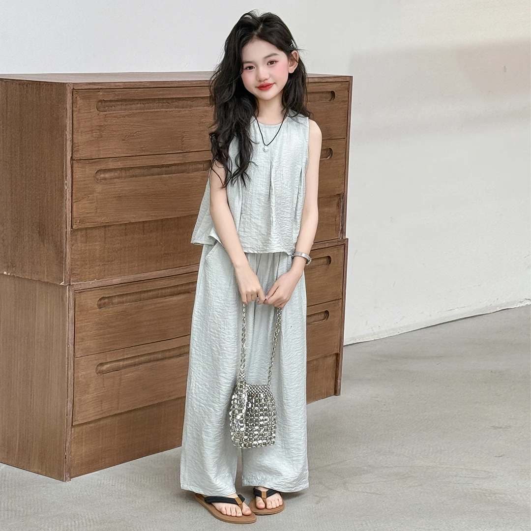 女童套装夏季2025新款洋气儿童无袖上衣阔腿裤两件套小女孩凉爽潮