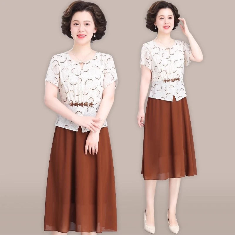 中年妈妈夏装气质短袖收腰雪纺连衣裙中老年人假两件长裙子女夏季