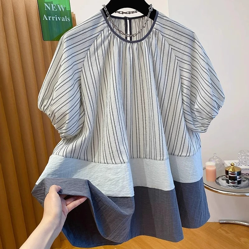 高级条纹衬衫女2025年夏季新款宽松时尚减龄泡泡短袖娃娃衫上衣夏