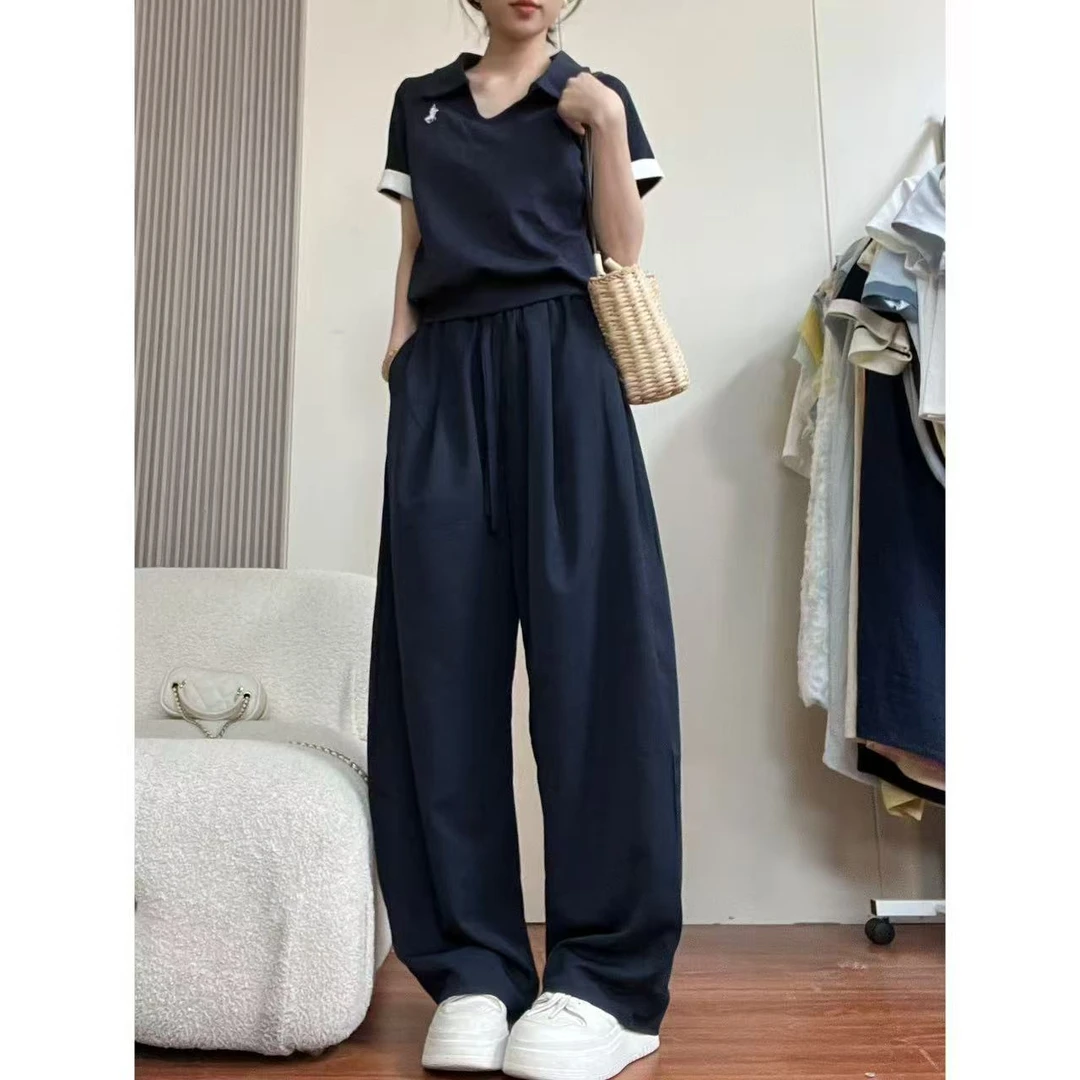 2025新款设计感百搭翻领夏季短袖休闲套装高腰连体阔腿宽松气质