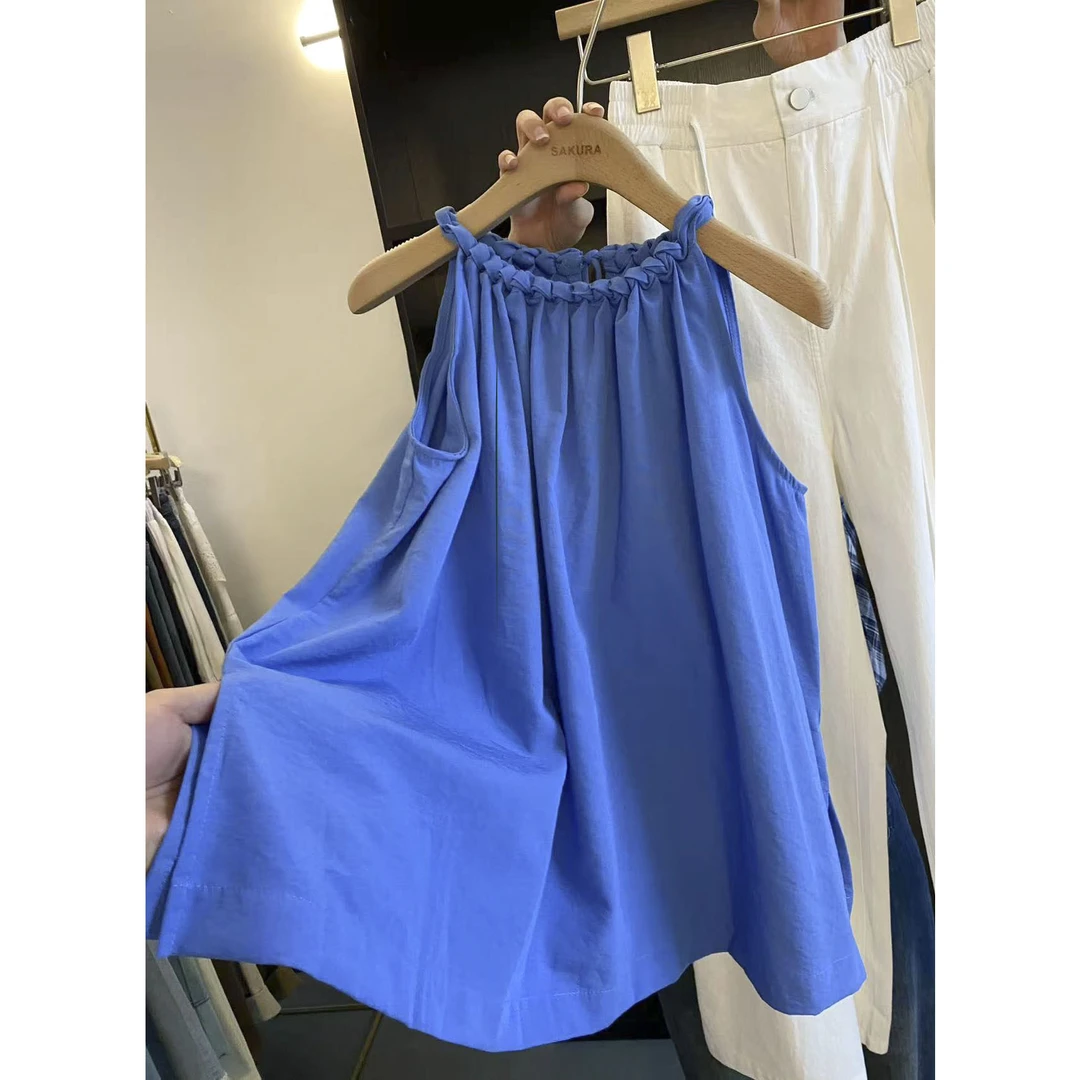 璎婲sᴀᴋᴜʀᴀ【半夏荫蓝】媛韩版编织麻花绑带领口显瘦无袖背心衬衫