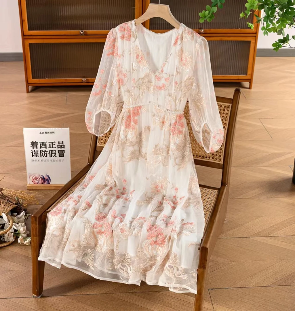 ZHUOXI/着西100%桑蚕丝刺绣中袖连衣裙2Q660160