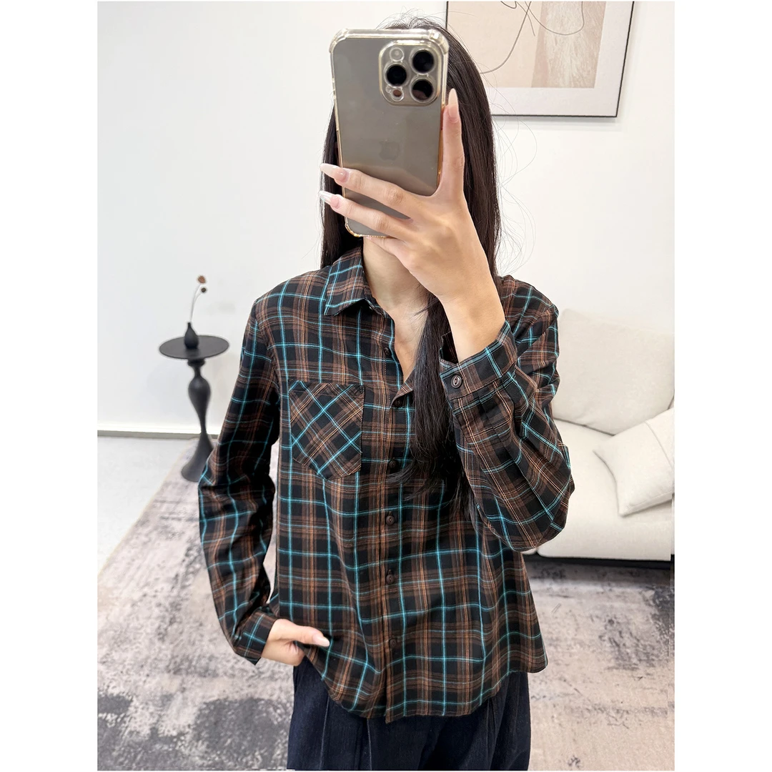VK2025春秋新款女装时尚简约休闲百搭格子长袖衬衫上衣女N4618
