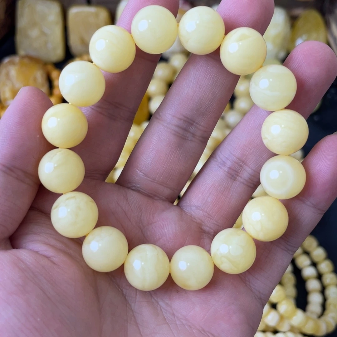 手串琥珀未镶嵌13+俄料白花蜡圆珠手串