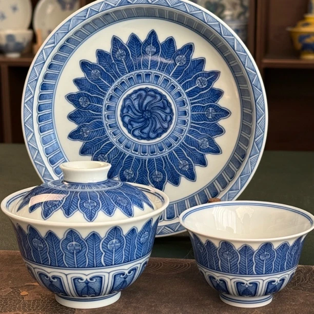 景德镇仿清纯手工手绘点工青花陶瓷蕉叶纹泡茶盖碗壶承渣斗主人杯