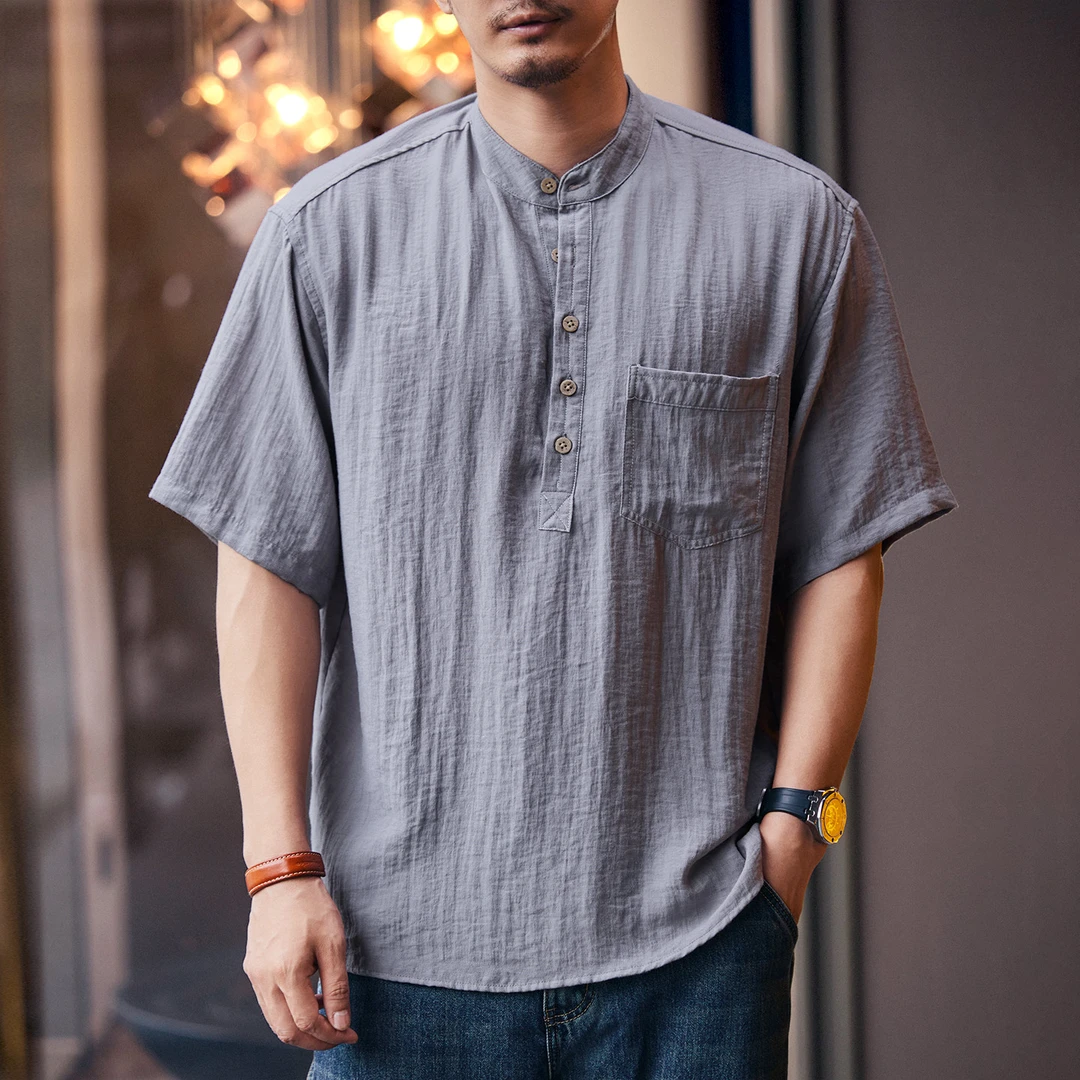 格蓝鹿美式复古夏季凉感亚麻男士衬衫潮牌宽松薄款休闲短袖衬衣男