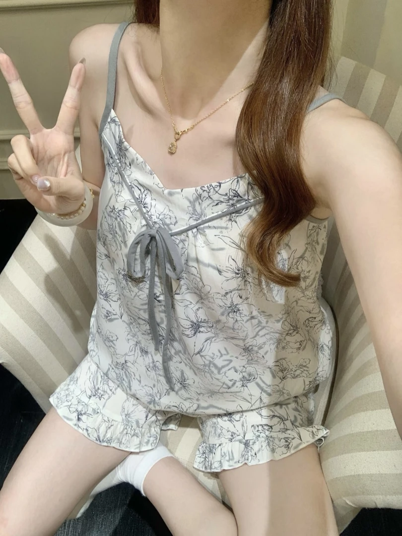 【带胸垫】中式复古夏季睡裙可外穿女生气质碎花吊带短裤家居服新款