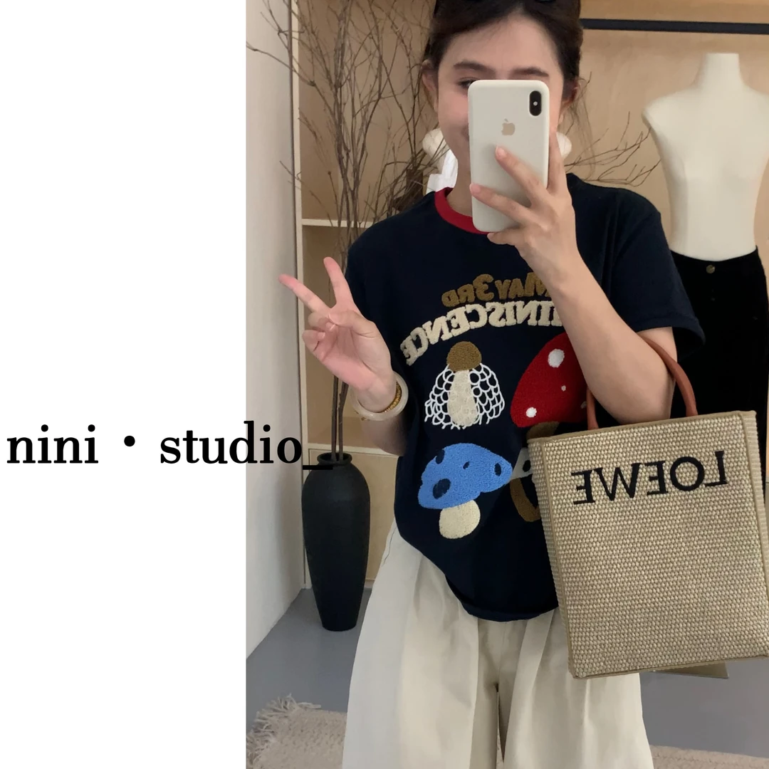 nini·重工刺绣蘑菇刺绣ins风韩系短袖T恤