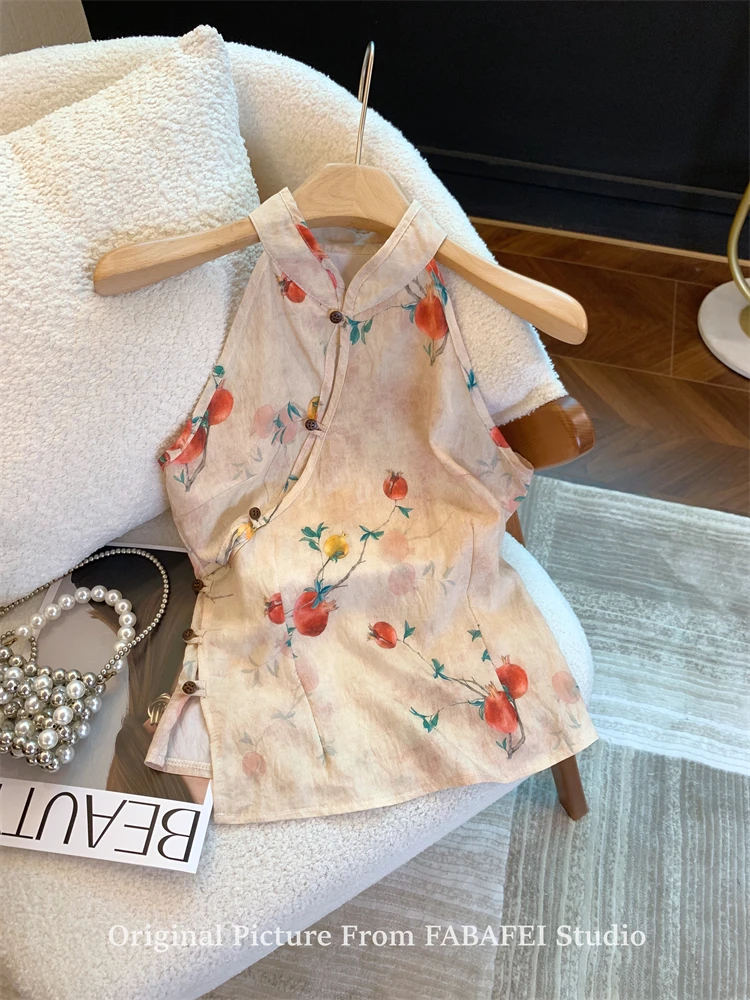 新中式国风碎花挂脖衬衫女夏季高级感盘扣气质背心无袖旗袍小上衣