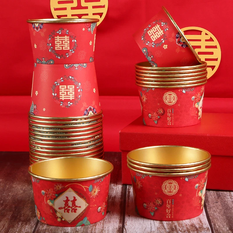 结婚一次性碗婚礼喜事纸碗加厚喜宴婚庆红色圆形饭碗酒席纸碗批发