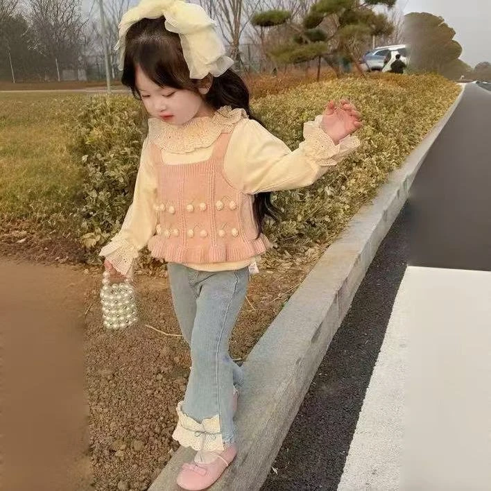 女童甜美吊带针织马甲花边打底衫春装可爱上衣三件套