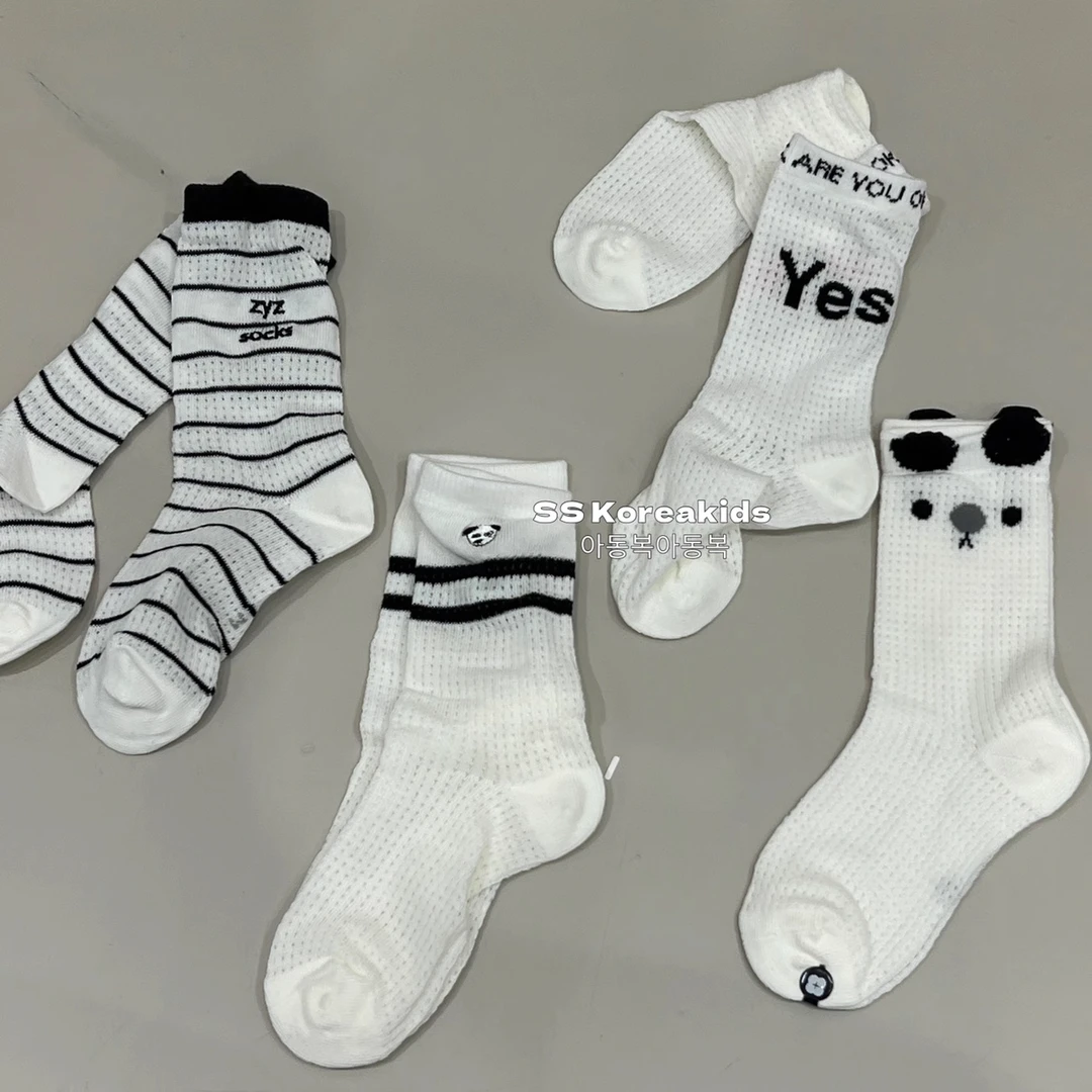 儿童袜子春夏季薄款透气黑白条纹网眼袜棉袜中大童男童夏天中筒袜