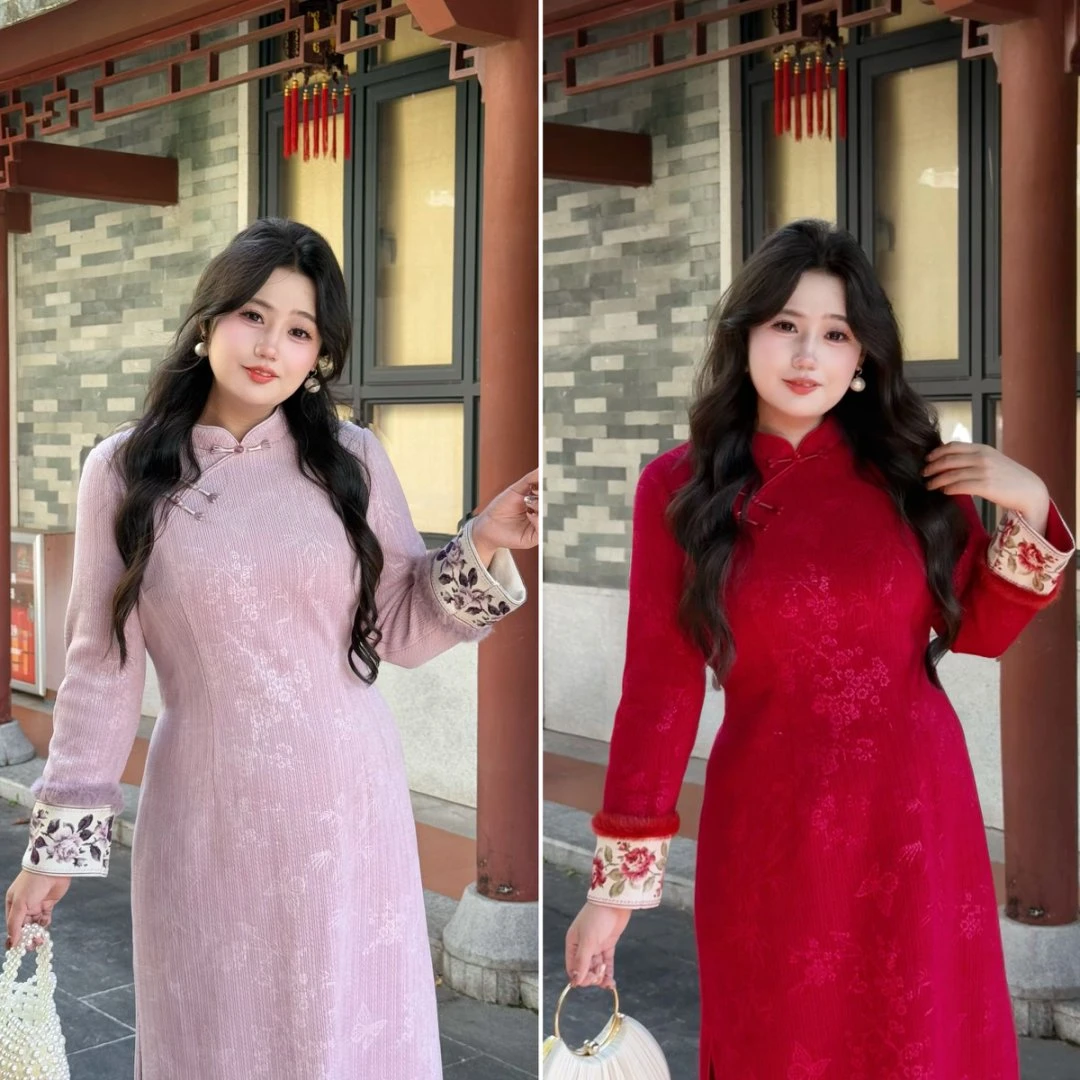 码加加51996新中式国风改良旗袍高端气质显瘦雪尼尔旗袍连衣裙