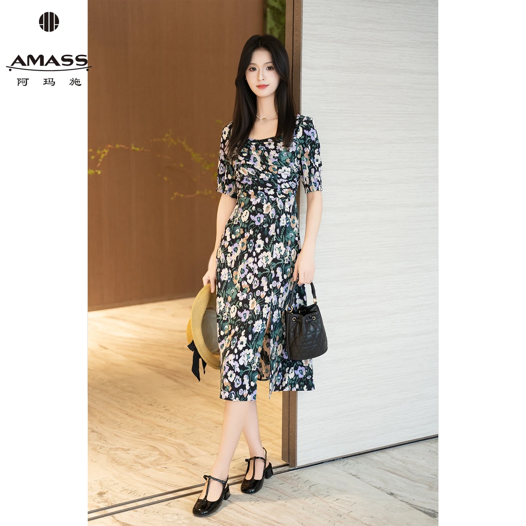 AMASS/阿玛施春夏新款女装法式气质高腰方领印花中长连衣裙550046