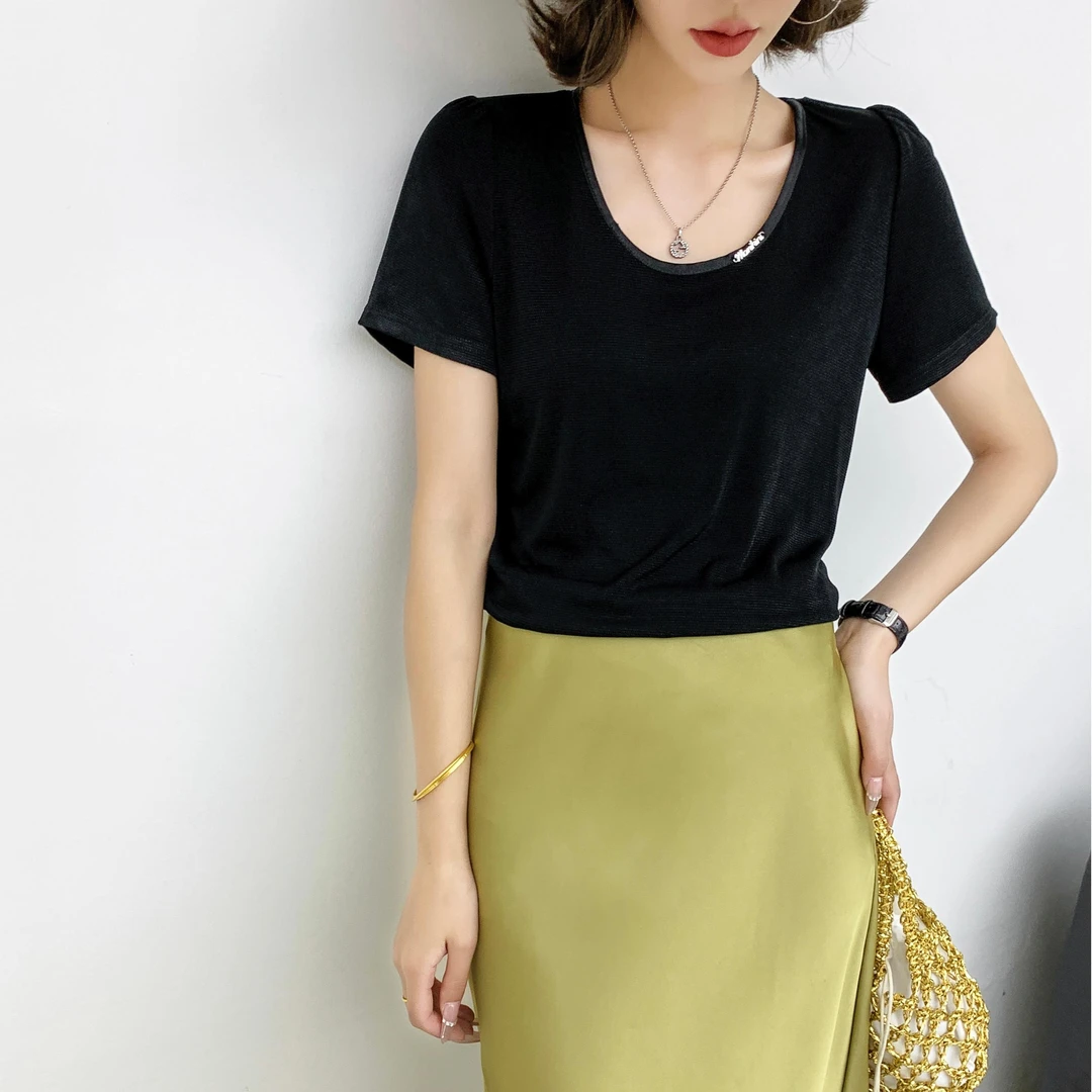 ANYUMO/安妤茉89689后背蕾丝拼接醋酸纯色T恤时尚百搭夏女