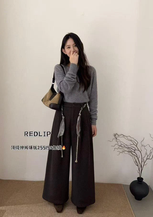红唇家～冬季加绒加厚后松紧腰一条过冬九分阔腿裤25515