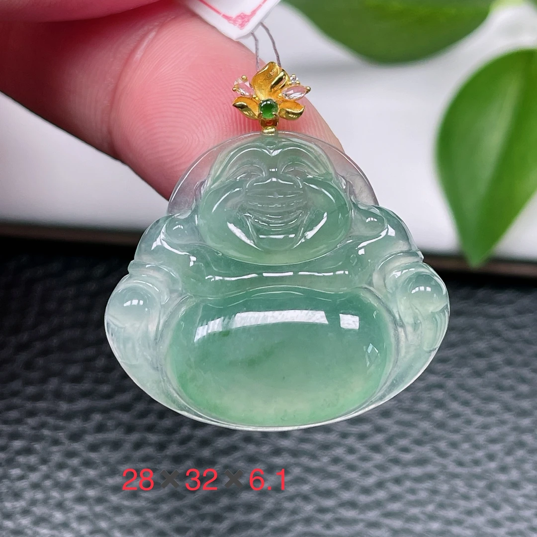 鑫诚天然翡翠A货～冰种满绿油绿大肚佛公吊坠冰润18k玉佛挂件67