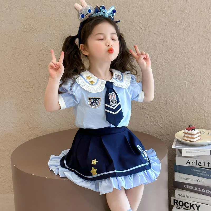 女童夏季兔子警官套装裙2025新款儿童洋气朱迪学院风百褶裙两件套