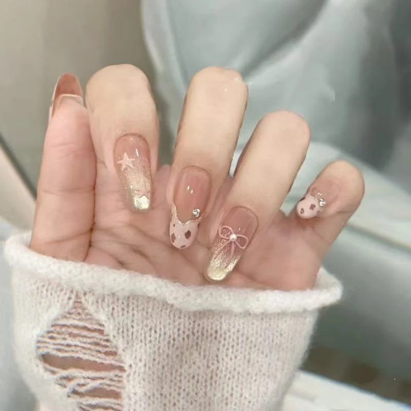 【皮粉豹纹】新款甜酷纯欲皮粉豹纹猫眼渐变气质显白法式穿戴甲