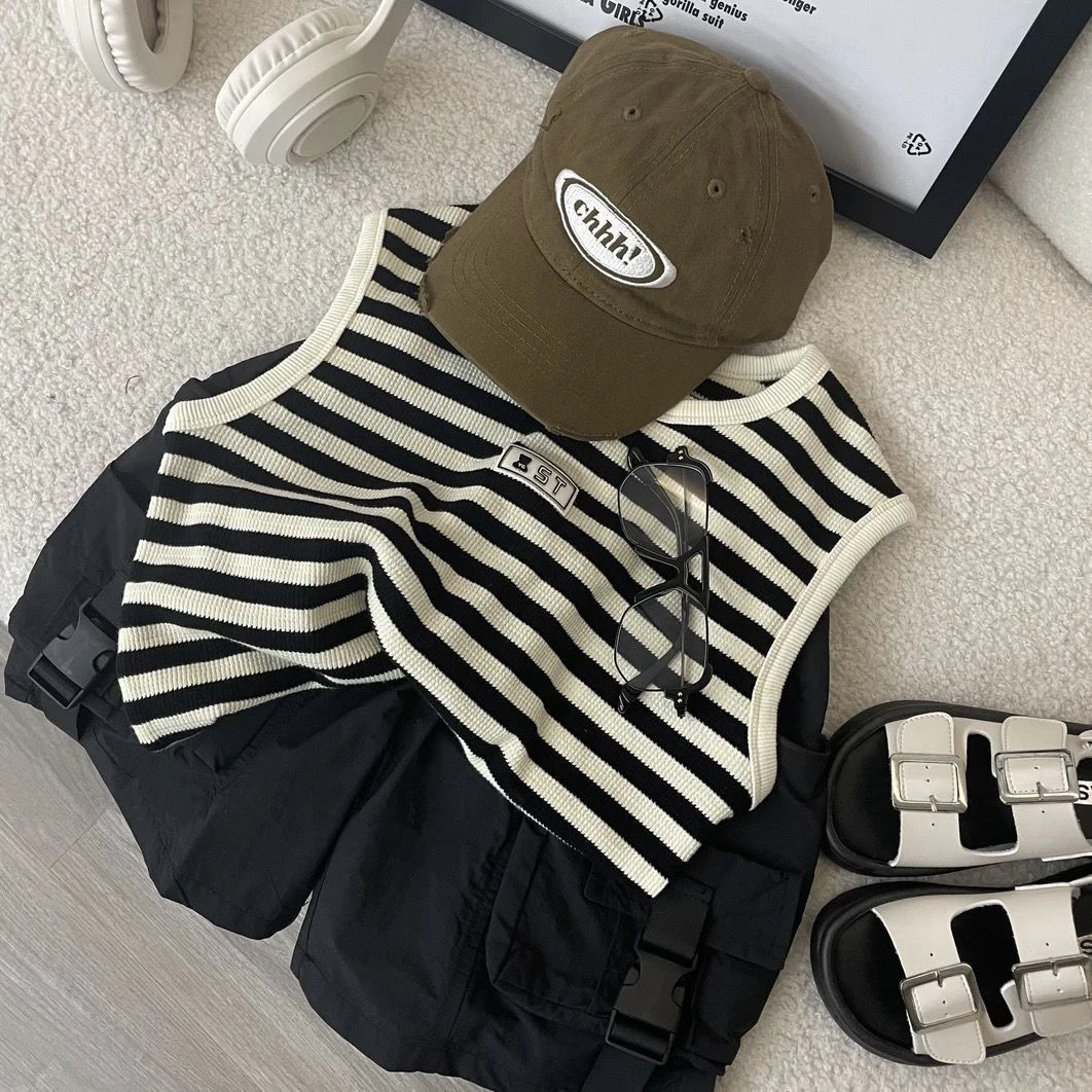 儿童套装夏季新款男女宝宝条纹背心韩版无袖T恤工装短裤两件套潮