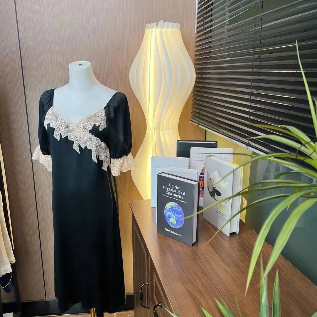 【桑蚕丝睡衣工厂】【蕾丝短袖】100%桑蚕丝连衣裙睡衣显瘦S2140