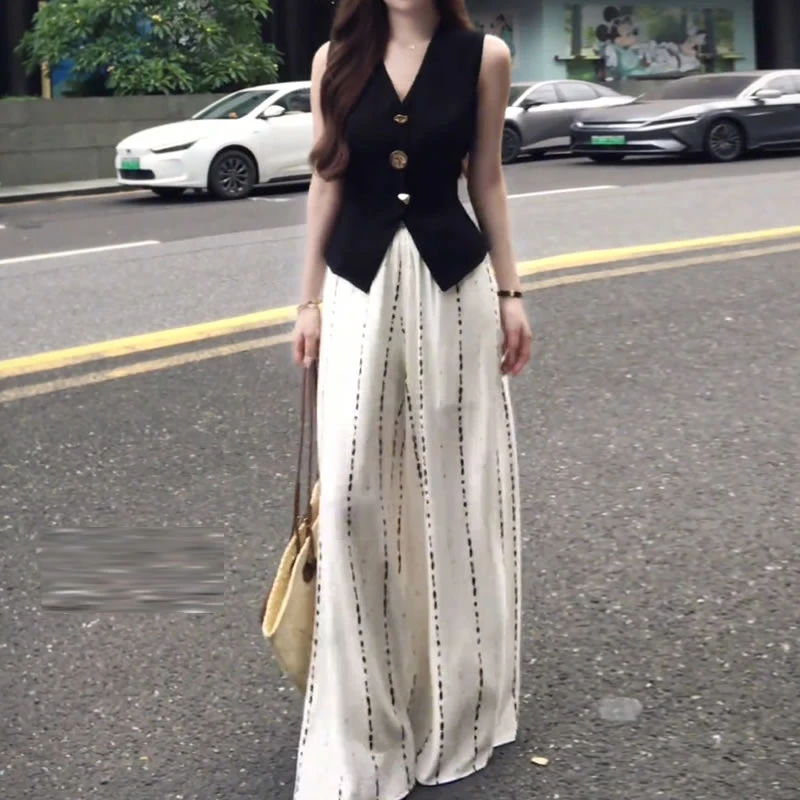 （有运费险）高级感休闲V领小衫高腰阔腿裤时尚套装夏季新款两件套