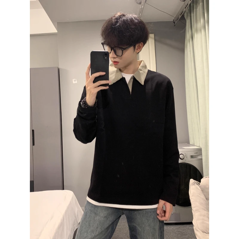 黑色千鸟格polo领衬衫男款秋季老钱风长袖t恤休闲百搭情侣打底衫