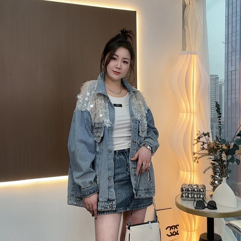 断码  时尚休闲百搭宽松拼接珠片宽松牛仔外套